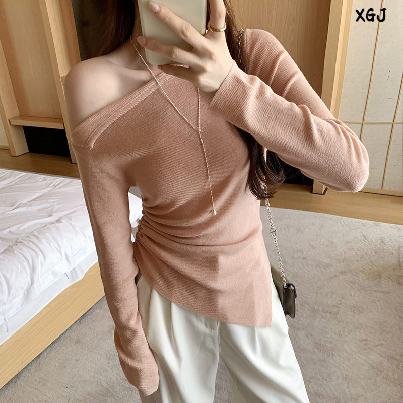 小公举穿搭一字领斜肩露肩羊毛针织衫女侧缝抽褶系带不规则上衣