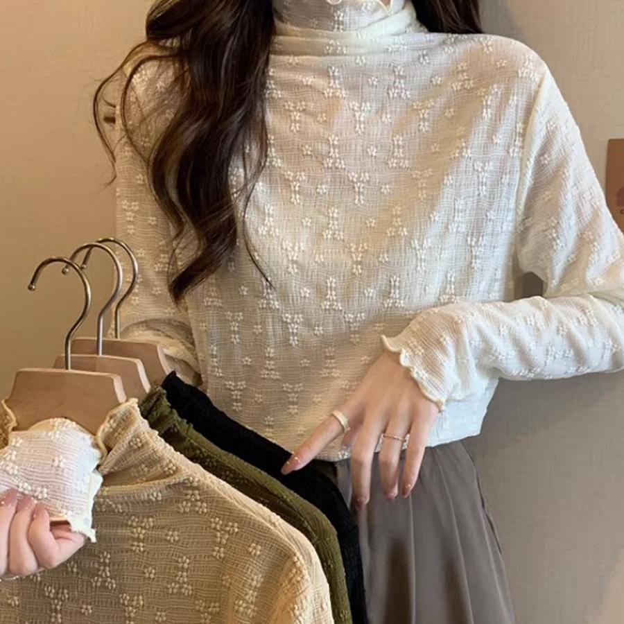 大码胖mm半高领木耳边蕾丝长袖t恤女纱衣春秋内搭打底衫遮肚上衣