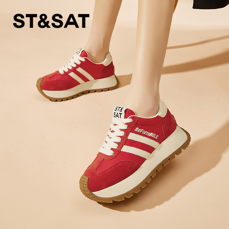 星期六真皮运动轻便休闲鞋德训鞋2025秋季百搭女鞋厚底红色阿甘鞋