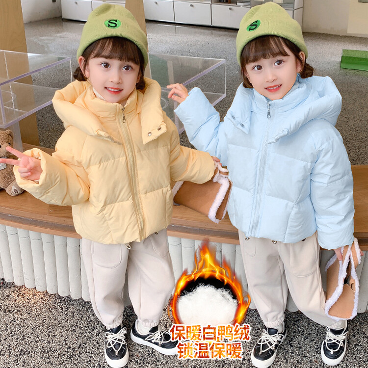 冬季新款儿童羽绒服女宝宝保暖纯色外套小女孩韩版连帽短款面包服