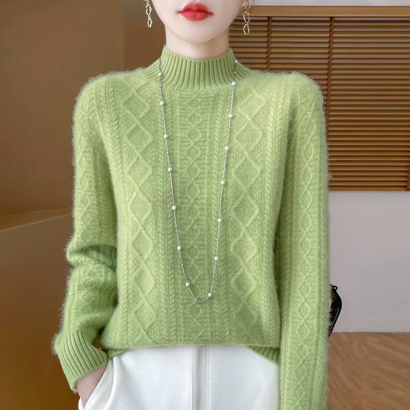 100%纯羊毛衫女半高领秋冬季加厚菱形绞花加厚毛衣宽松羊绒打底衫
