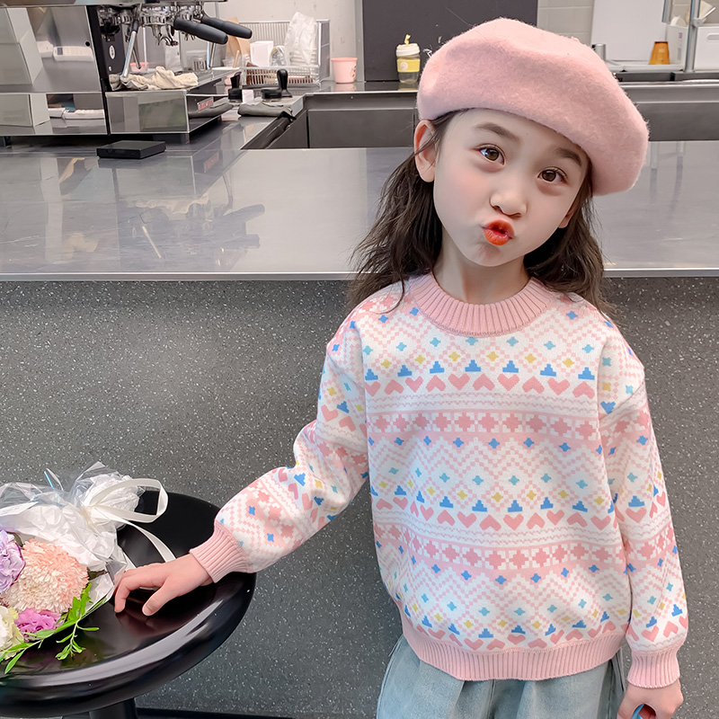 女童毛衣秋冬季新款洋气加绒长袖费尔岛毛衣针织打底衫直播T2553