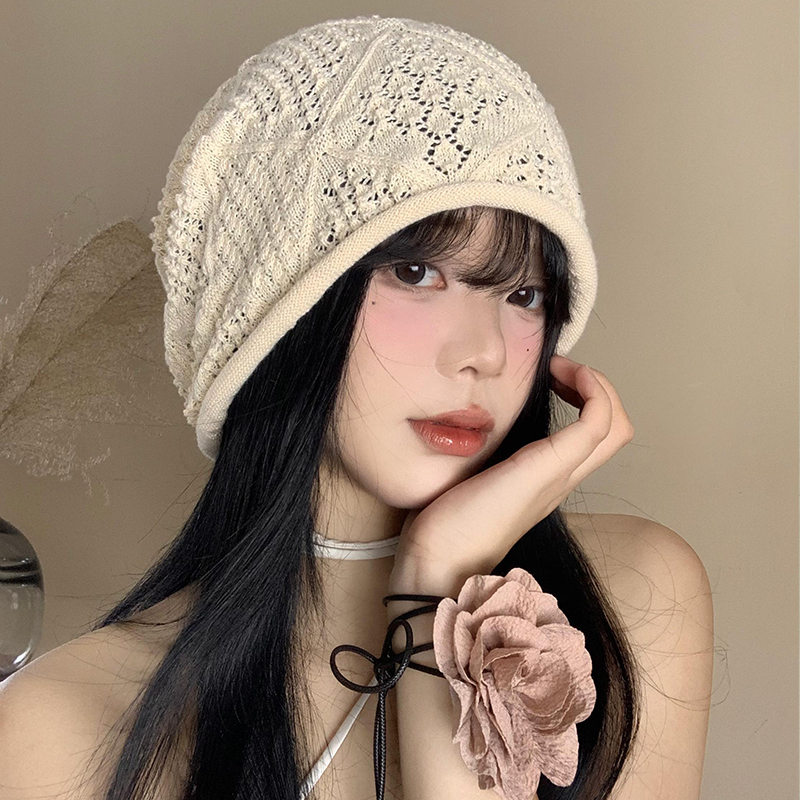 针织镂空堆堆帽女夏季薄款显脸小包头冷帽韩版百搭大头围宽松帽子