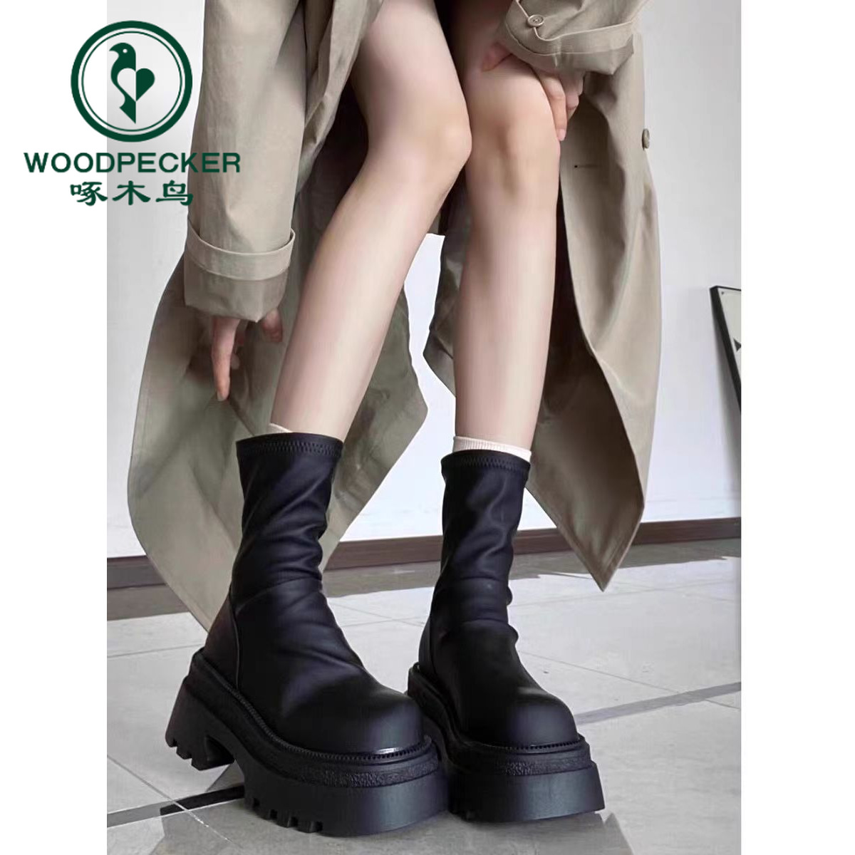 啄木鸟短靴女厚底弹力靴2025秋季新款瘦瘦靴百搭堆堆靴小个子女靴
