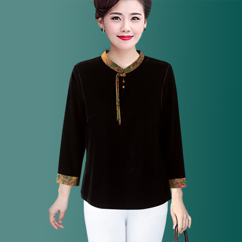 金丝绒高档丝绒小衫春秋新款中老年洋气宽松立领遮肉旗袍妈妈上衣