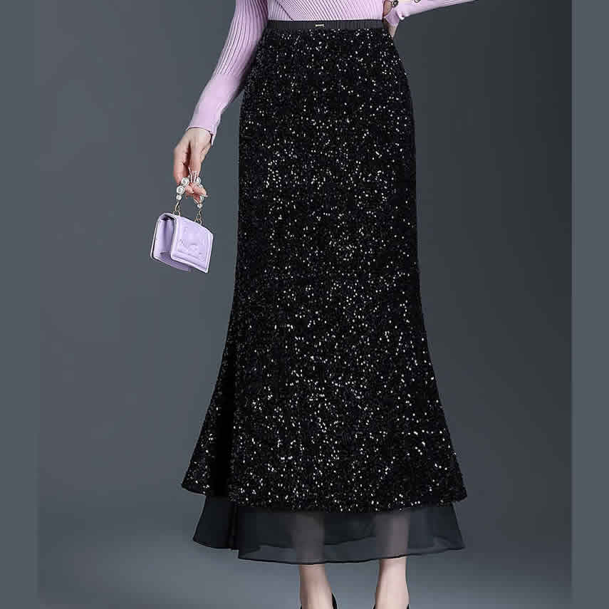 亮片鱼尾半身裙拼接2025春季新款气质长裙香风高腰显瘦一步包臀裙
