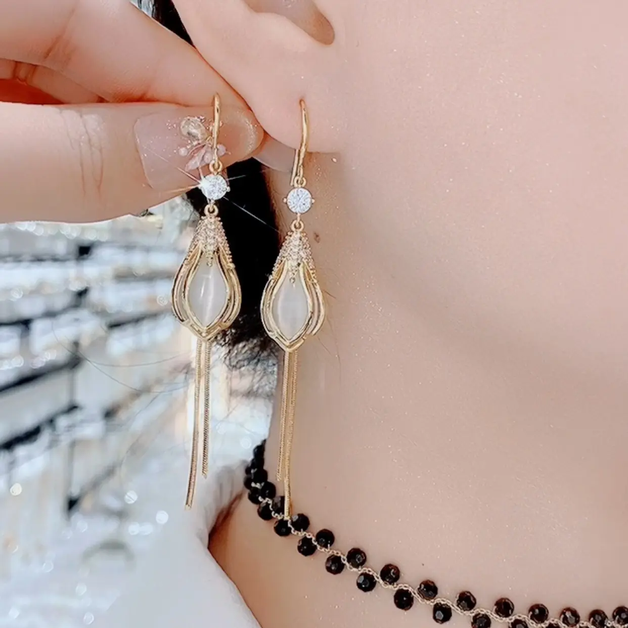 铜合金合成锆石耳饰 069时尚气质长款流苏耳环网红百搭显白耳坠女