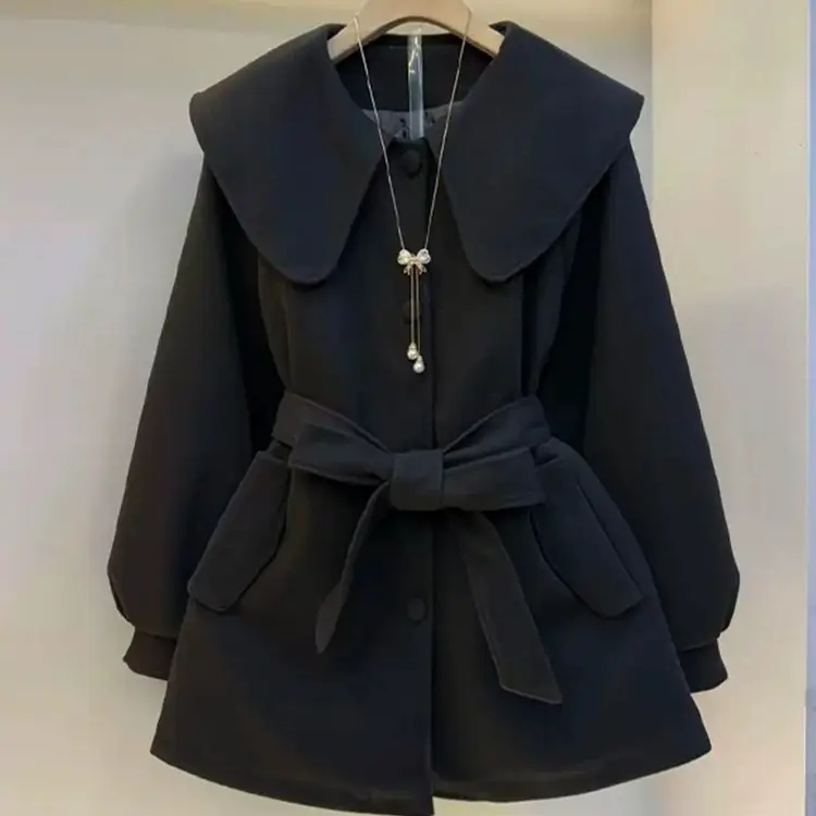 娃娃领毛呢外套女冬季加厚时尚减龄收腰显瘦百搭呢大衣外套