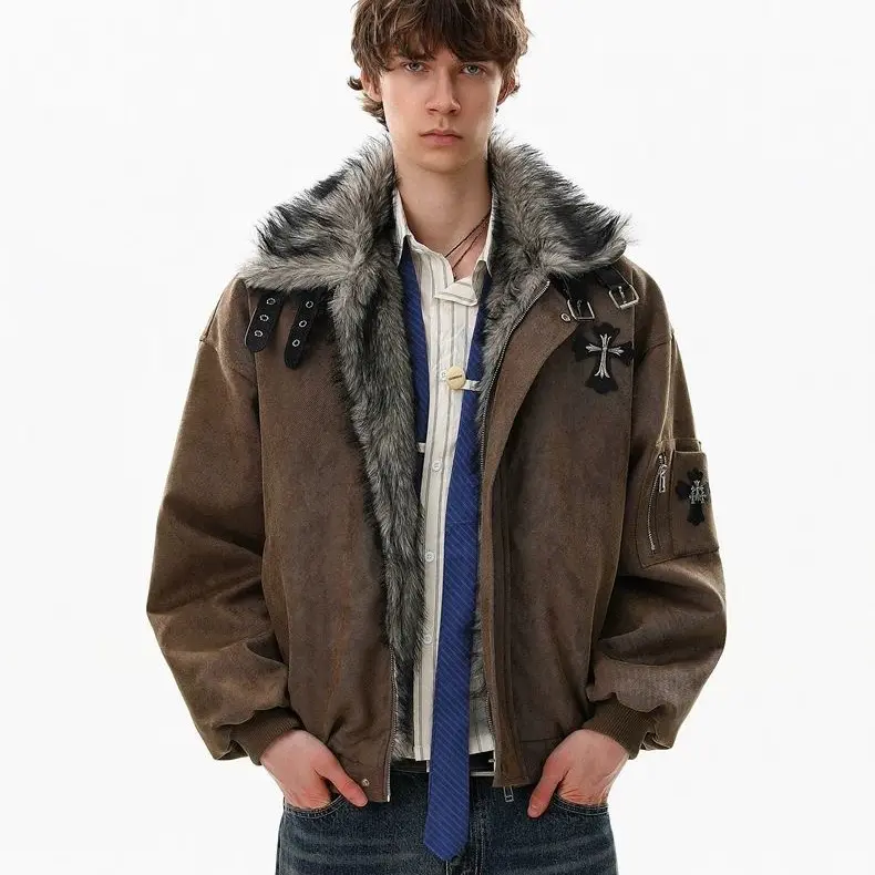 美式复古毛领座山雕棉服男女十字架加绒加厚冬季休闲外套潮