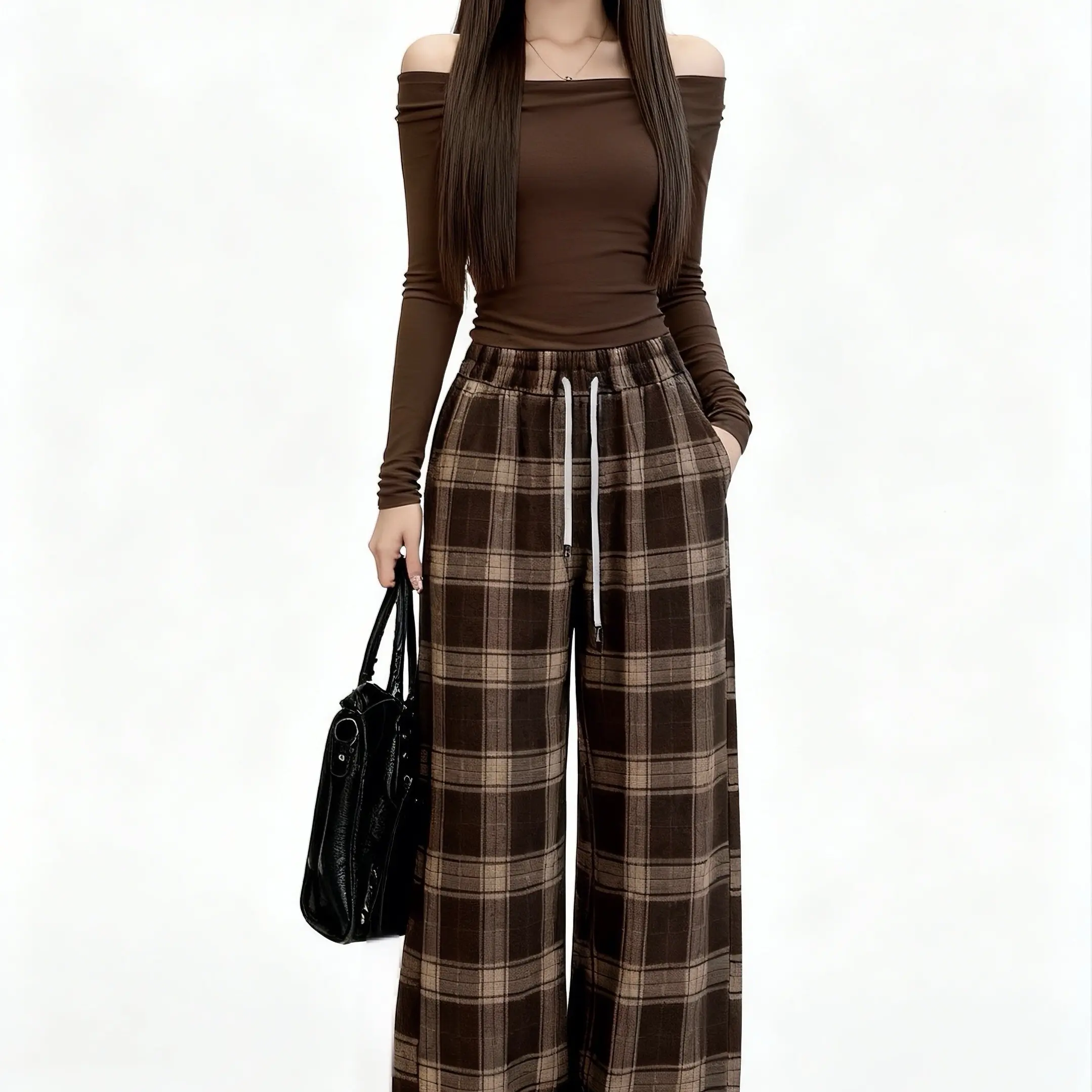 高腰加绒格子阔腿裤女秋冬新款宽松显瘦呢子休闲裤子