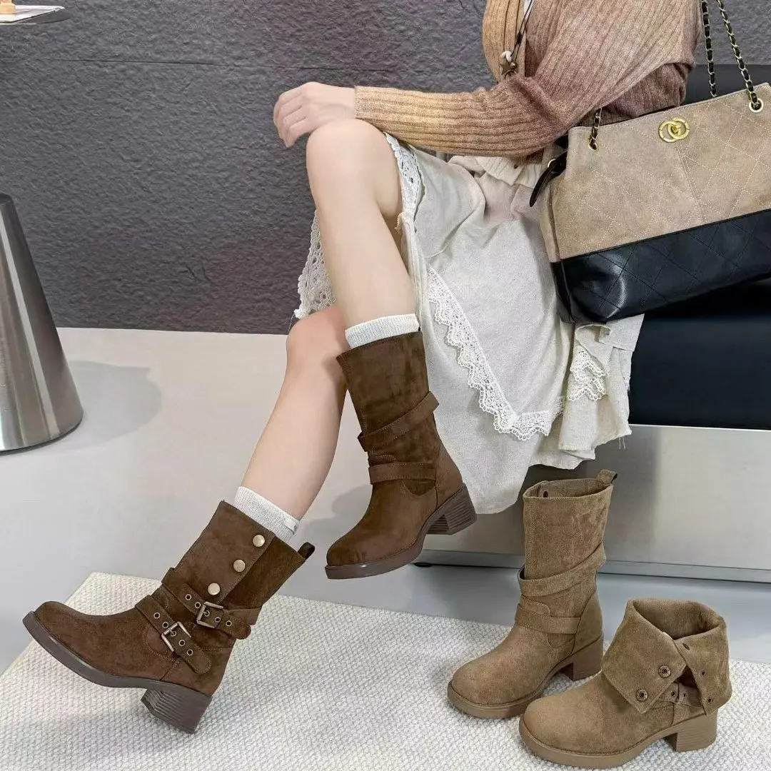 山百合2025冬季新款尖头百搭瘦瘦中筒靴女靴秋冬时尚两穿靴