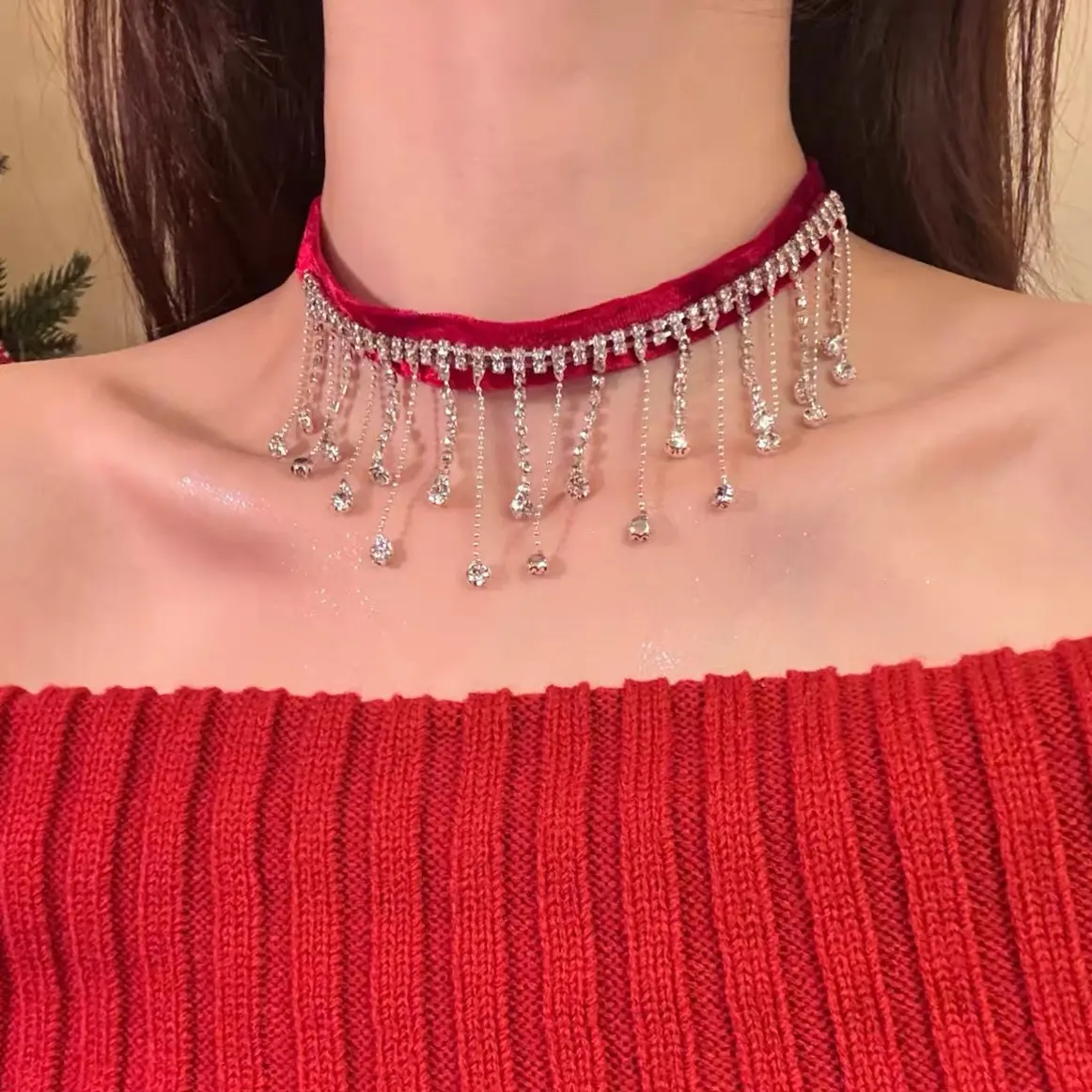 铜合金锆石项链 优雅丝绒闪钻流苏choker项链女轻奢气质颈链