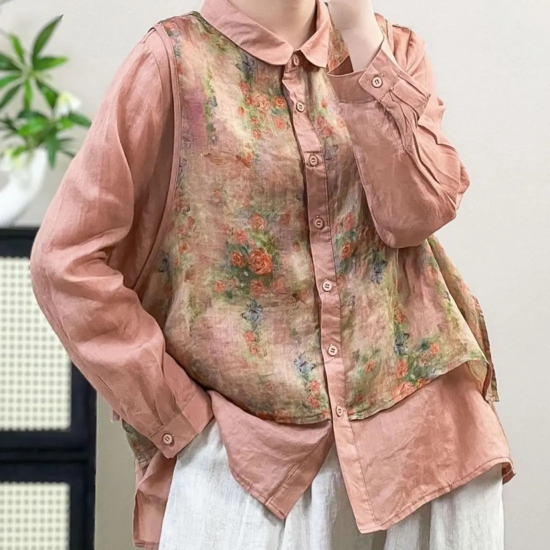 【麻述】复古印花苎麻假两件衬衫女气质翻领长袖文艺宽松上衣