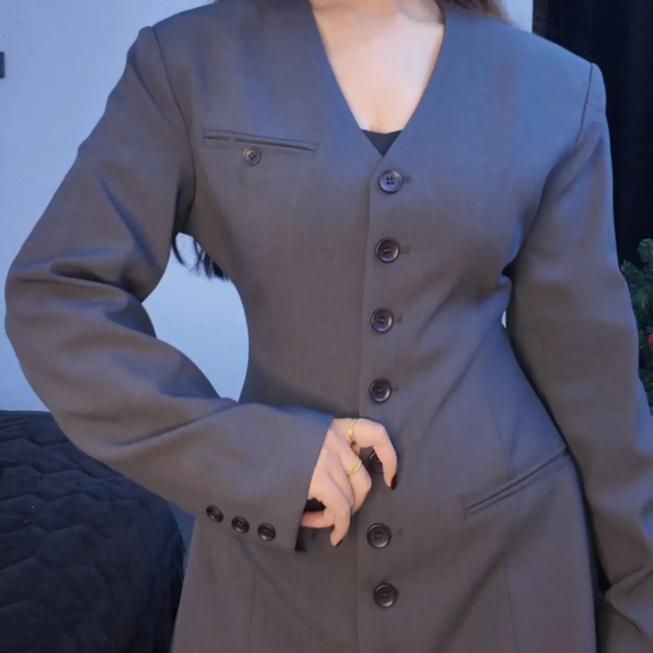 秋季新款小v领单排扣收腰显瘦西装连衣裙长袖a字短裙