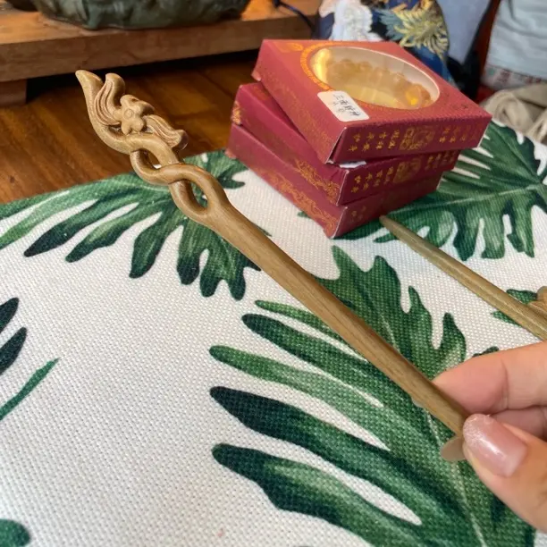 绿檀木发簪中国风饰品纯手工双面雕刻复古