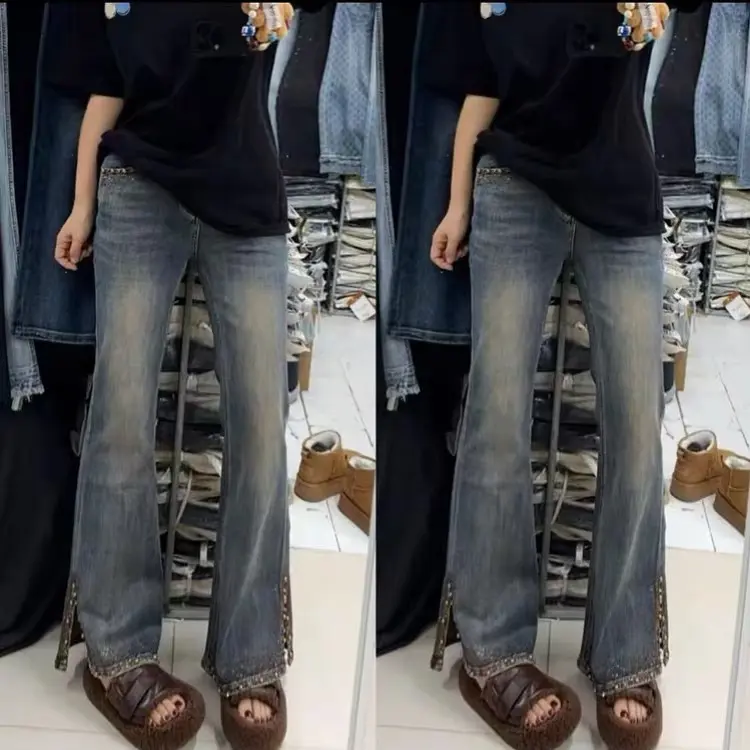 无腰带新款重工侧开叉烫钻钉珠高腰显瘦牛仔微喇叭裤