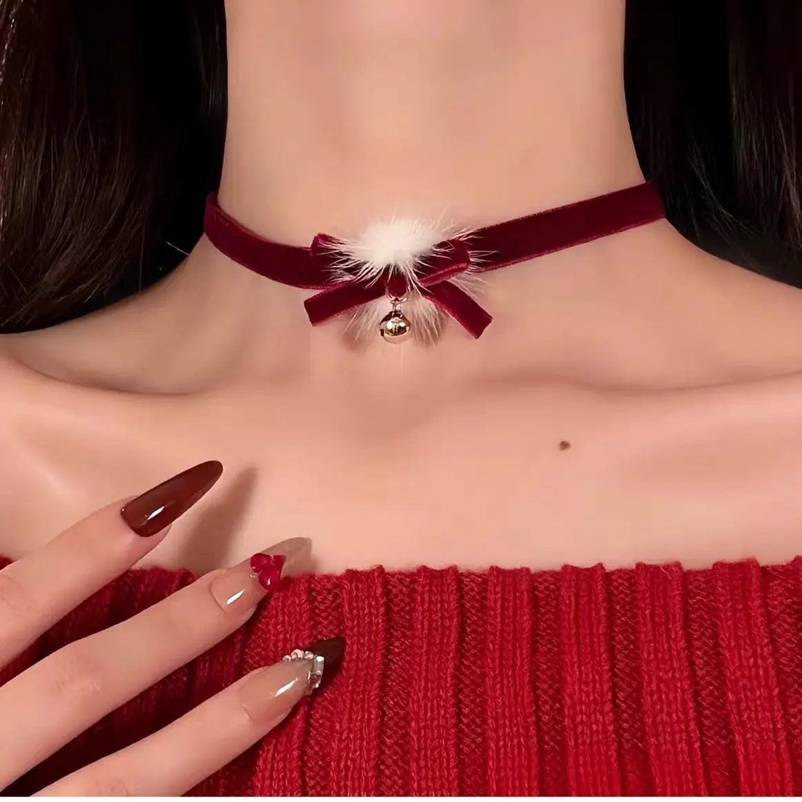 铜合金布艺项链 圣诞节新年酒红色choker项圈女秋冬毛绒颈链