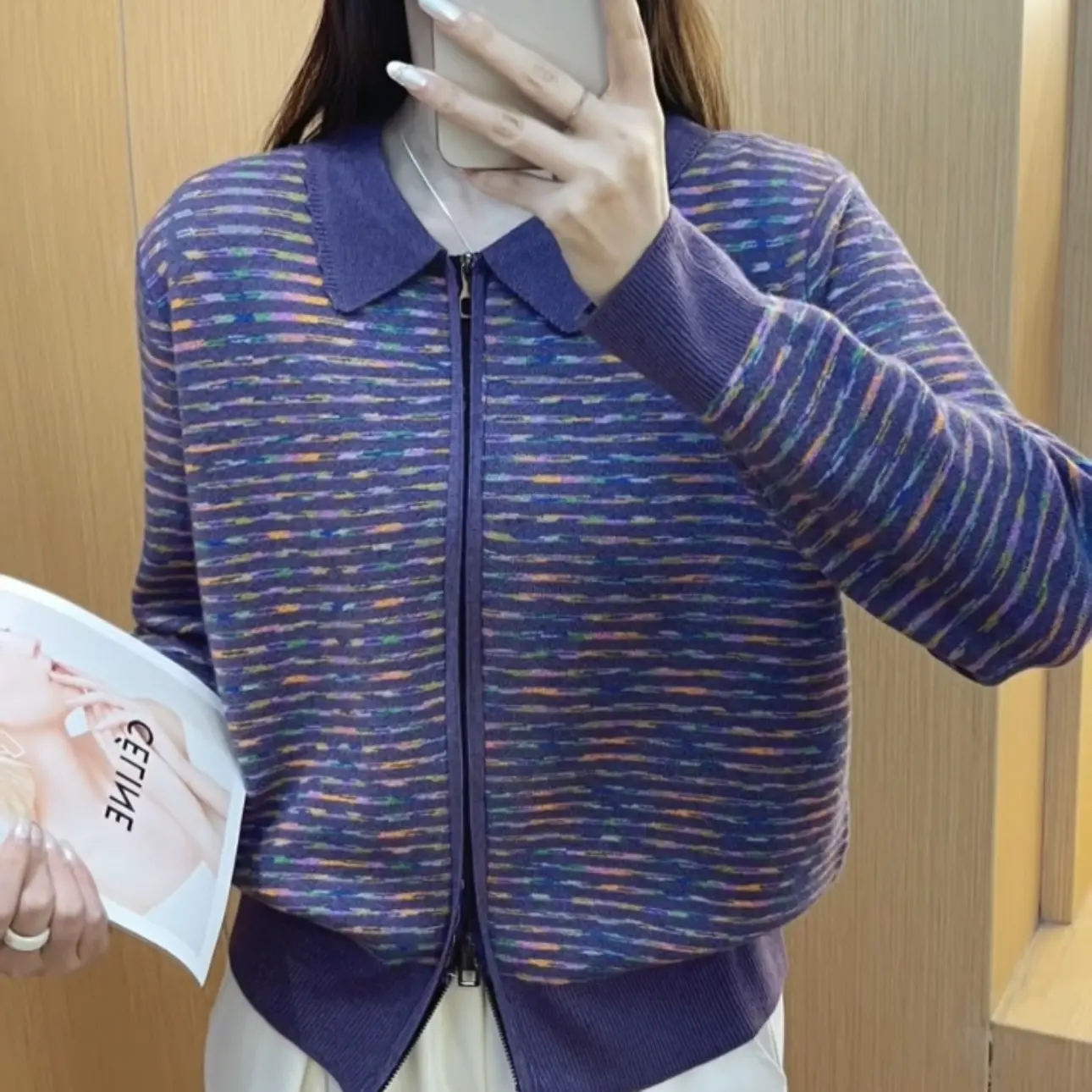 加绒中老年女装花纱针织开衫宽松翻领拉链短款毛衣外套妈妈装