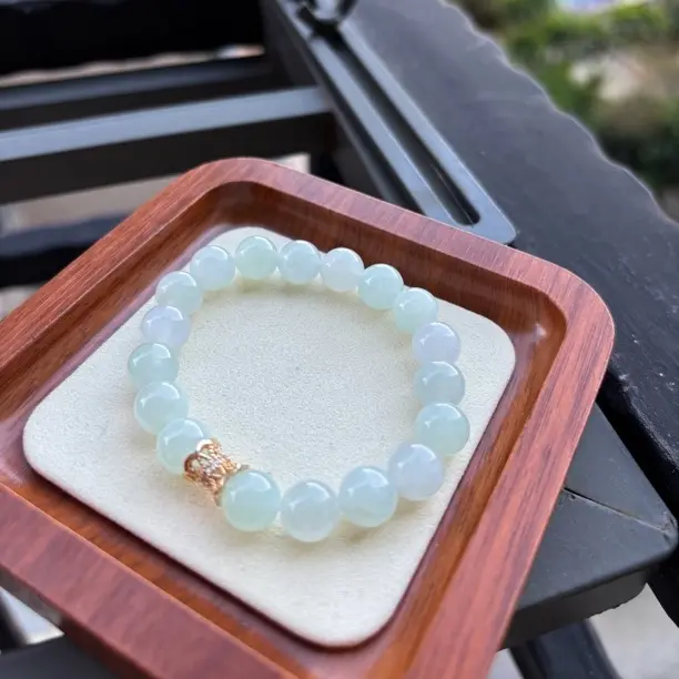 A货冰种晴水料圆珠手串卡9+绿色玉珠经典百搭精美