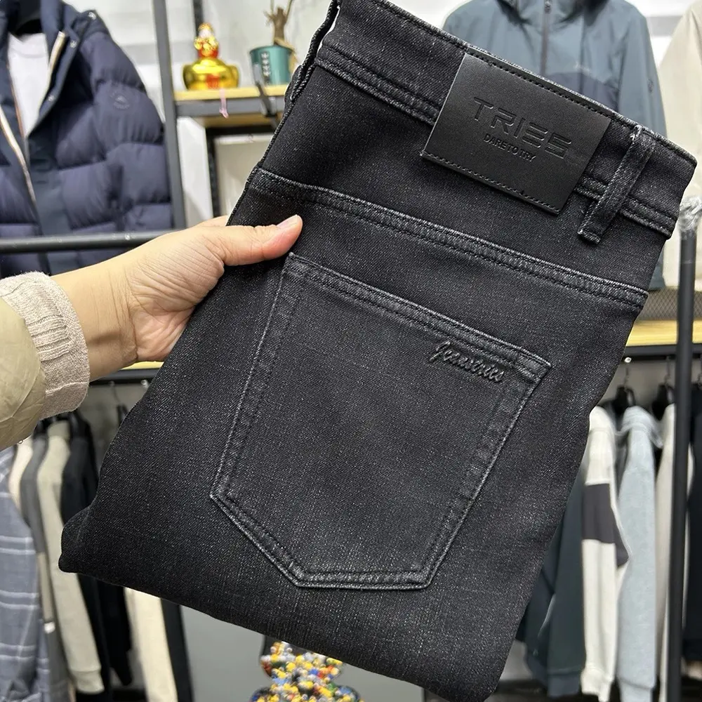 才家秋冬加绒中腰男士直筒弹力商务休闲牛仔裤