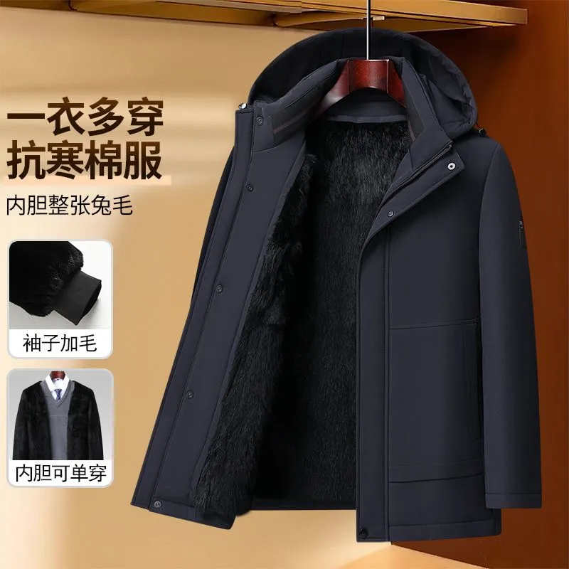 雅鹿兔毛皮草袖子加绒可拆卸男士冬装派克棉服加厚中老年爸爸棉衣