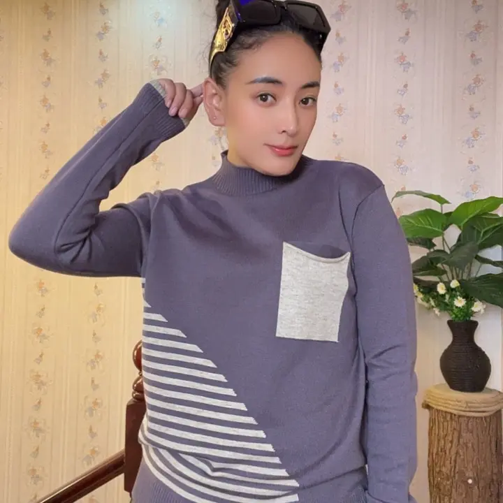 拼色长袖针织衫冬季女休闲宽松型不褪色毛针织衫