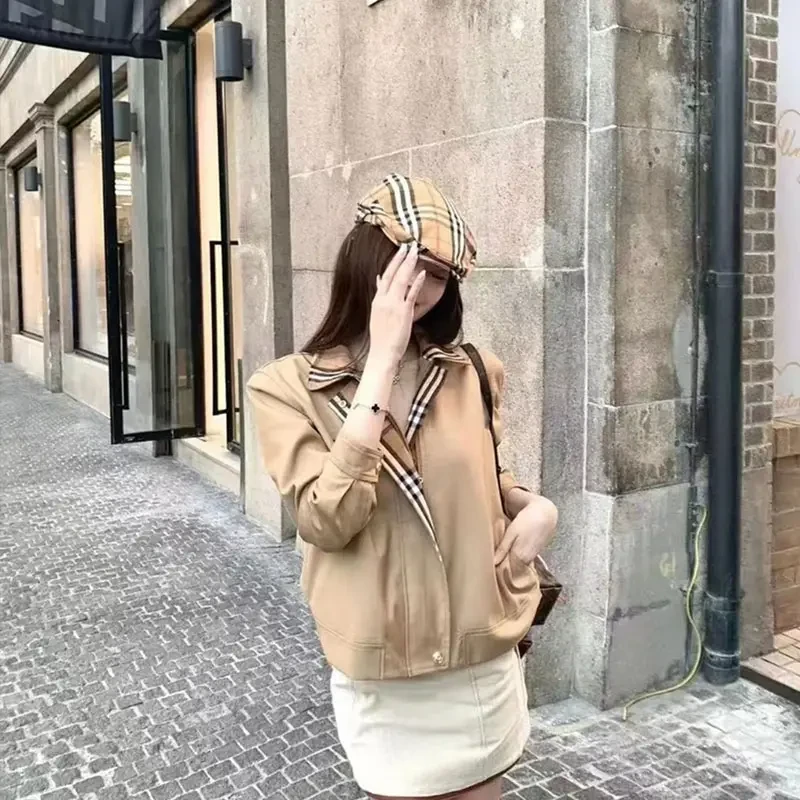 东京日落高品质版时尚早秋短款风衣夹克定制港风卡其色格子外套女