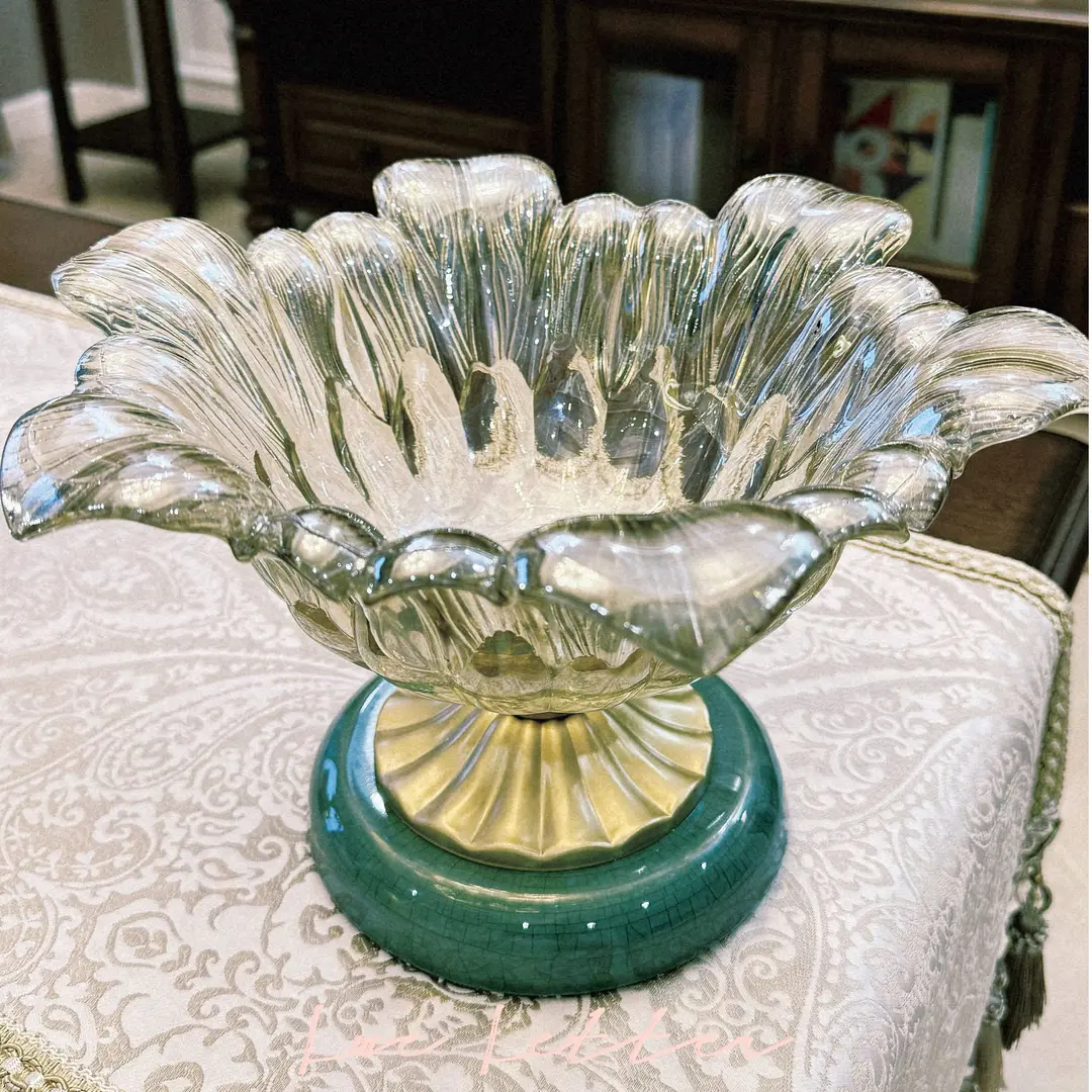 【2025新款】陶瓷花瓣水晶玻璃水果盘欧式茶几餐桌装饰糖果零食盘