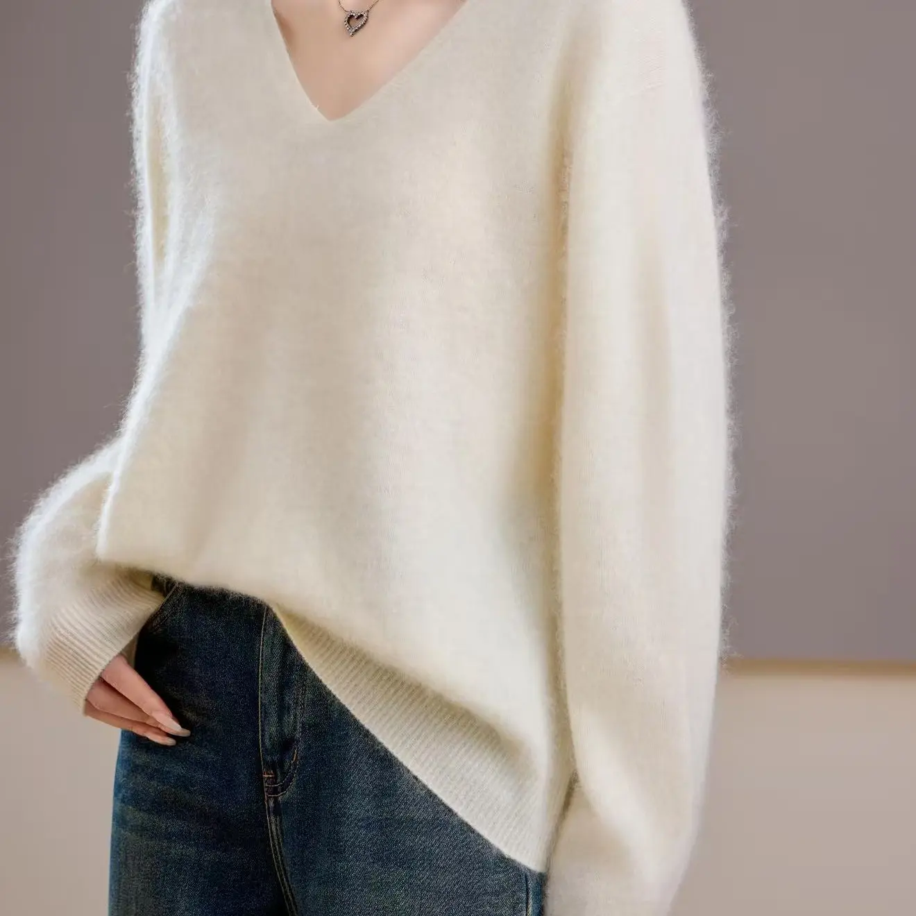 西西专属针织毛衣百搭慵懒冬季羊绒羊毛拉毛工艺V领毛衫