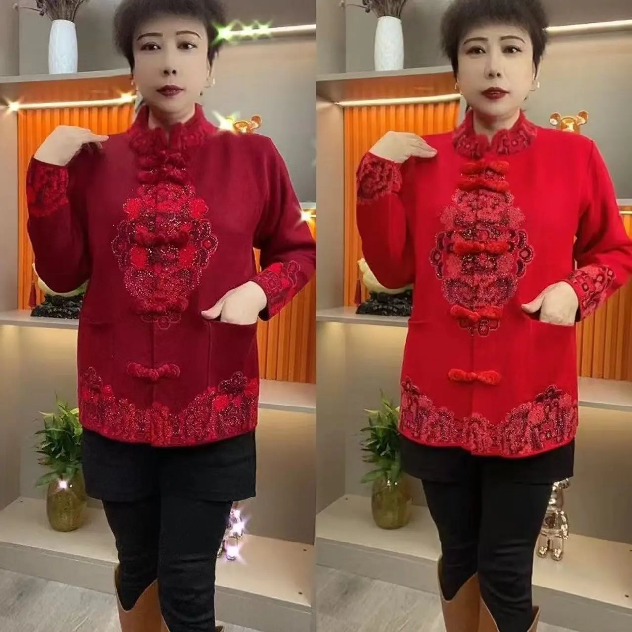 中老年妈妈秋冬红色喜庆盘扣唐装开衫外套奶奶大码上衣