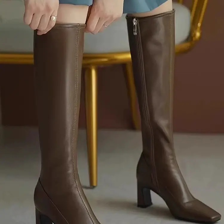 羊皮长靴女秋冬胖mm粗腿显瘦纯皮加绒高跟鞋小个子棕色高筒靴子女