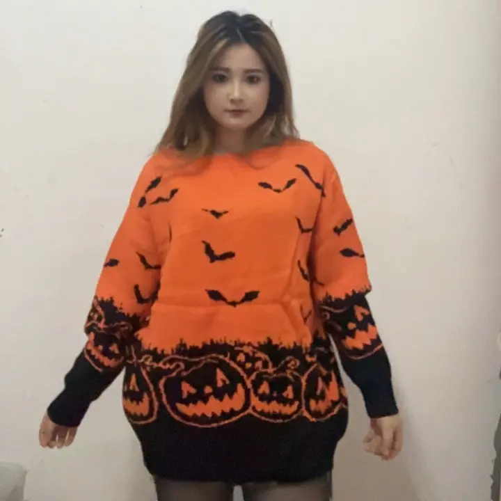 印花宽松长袖毛衣针织衫数码印花万圣节新款百搭显瘦上衣