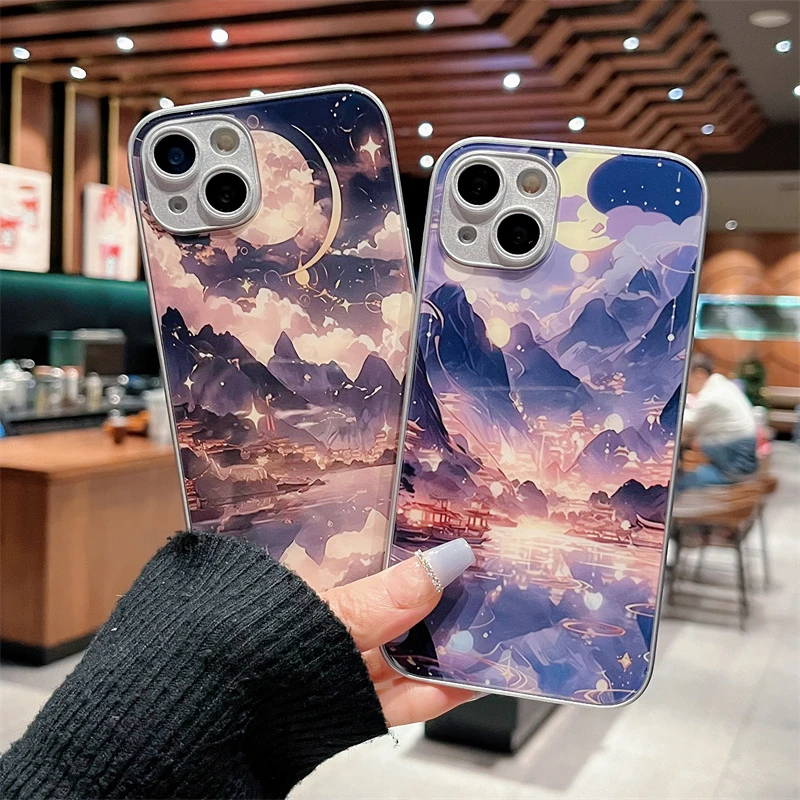 适用iPhone15promax苹果14高级手机壳保护套13星星月亮12玻璃壳11