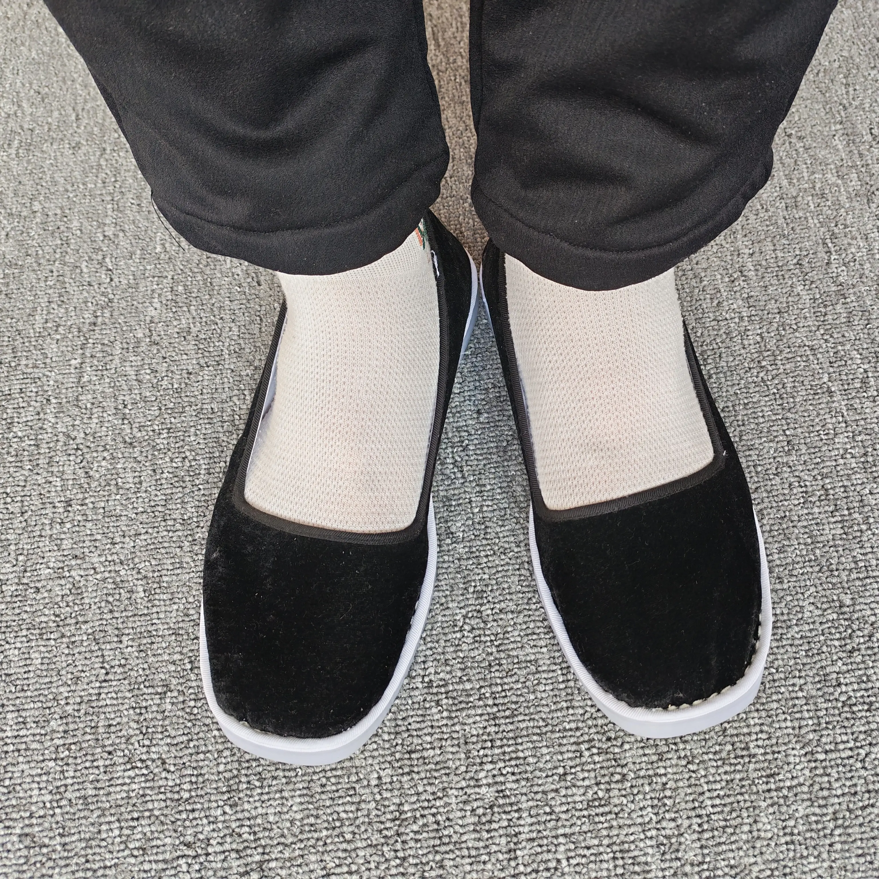 春秋男士布鞋黑色金丝绒料无带方口单鞋爸爸鞋休闲透气一脚蹬平跟