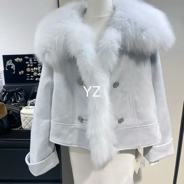 欲系冬季超大毛领麂皮短款羽绒外套女装加厚保暖