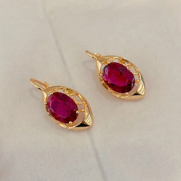 铜合金合成锆石耳饰 铜合金耳饰 民族风玫红色简约百搭气质时尚