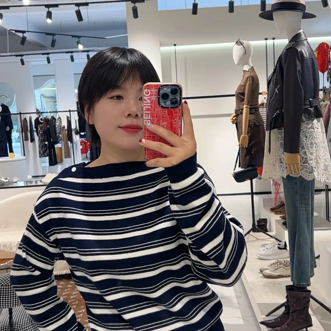 不褪色针织衫条纹长袖半高领圆领适中毛针织衫