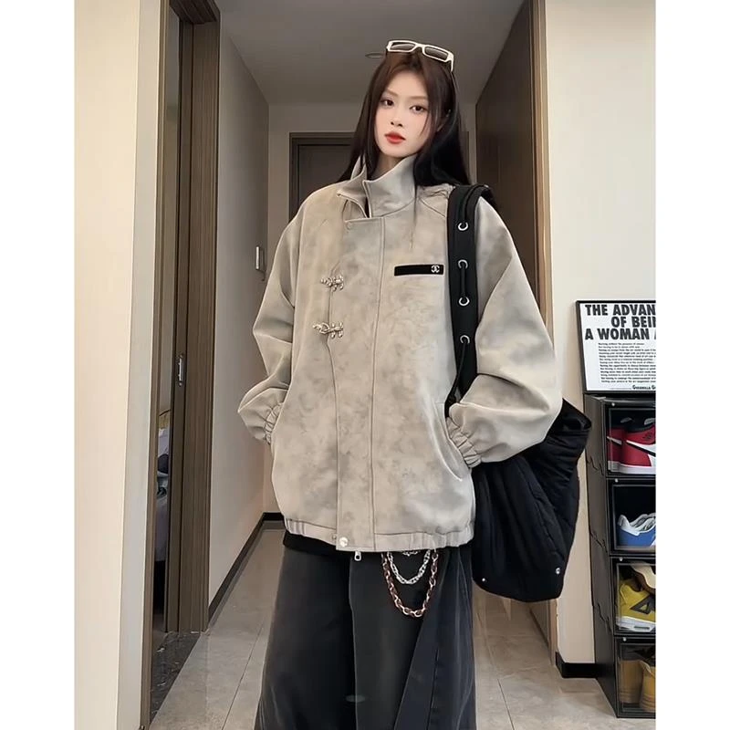 新中式扎染皮衣外套男款春秋季立领飞行雾面pu夹克美式复古棒球服