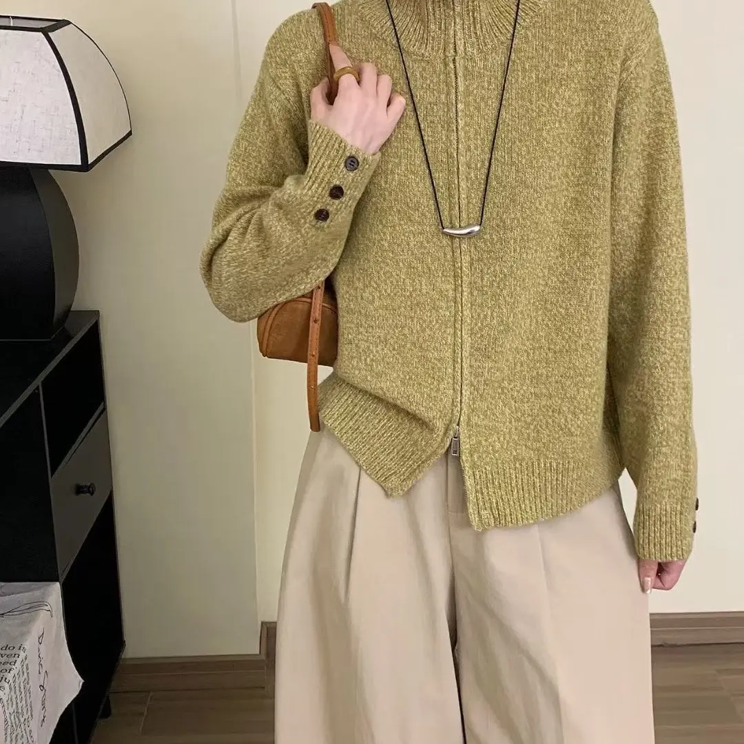 100纯羊毛升级花纱加厚双头拉链女开衫立领不褪色女半高领宽松