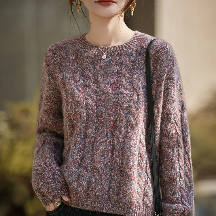 5G 【八股花纱】100%超细羊毛圆领复古立体麻花加厚宽松慵懒羊毛衫