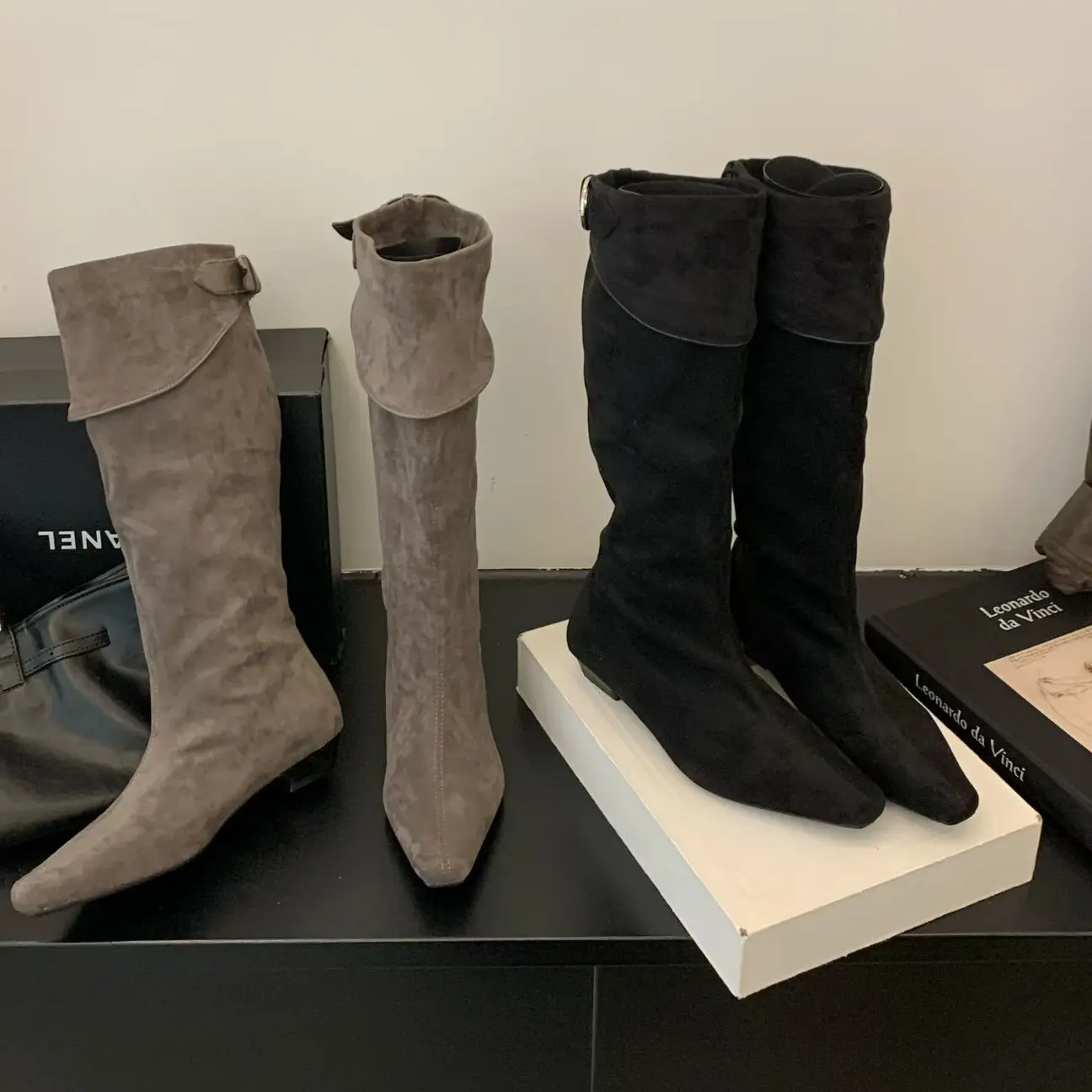 8955-1时装靴褶皱靴骑士复古长靴女鞋瘦瘦靴尖头过膝高跟