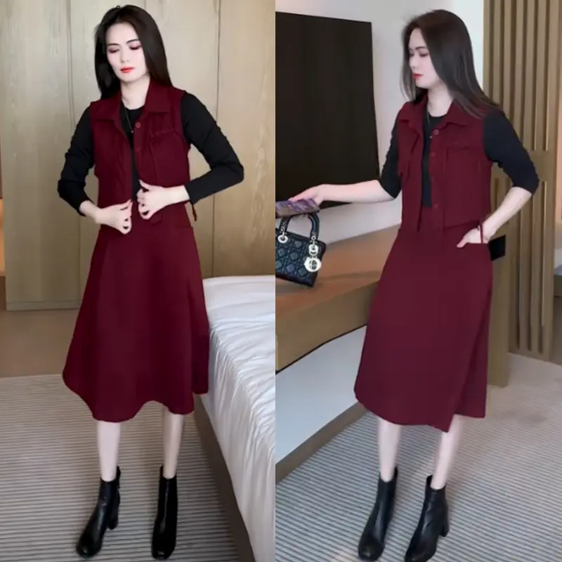 马甲搭拼接连衣裙女2025新款秋季显瘦减龄免搭洋气休闲装套装裙女