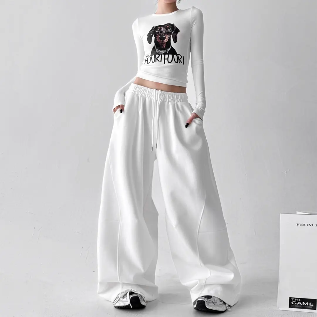 美式街舞白色弯刀运动裤女潮酷宽松百搭休闲垂感爵士舞抽绳阔腿裤