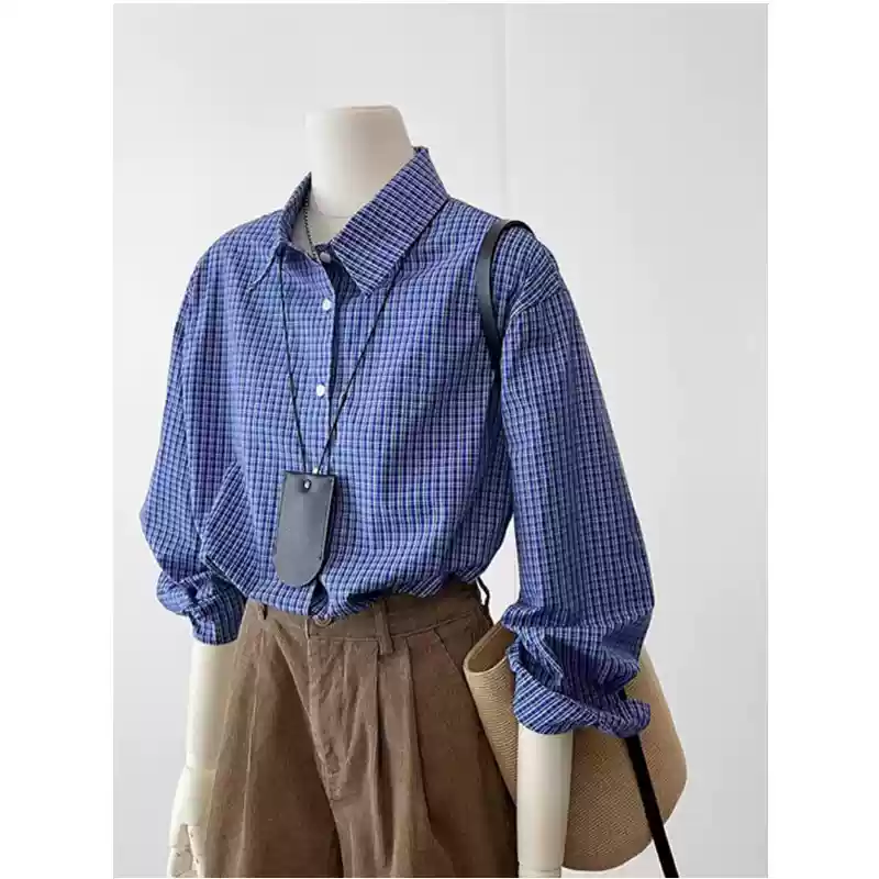 超好看韩版蓝色格子衬衫女2025年新款休闲百搭宽松翻领衬衣外套春