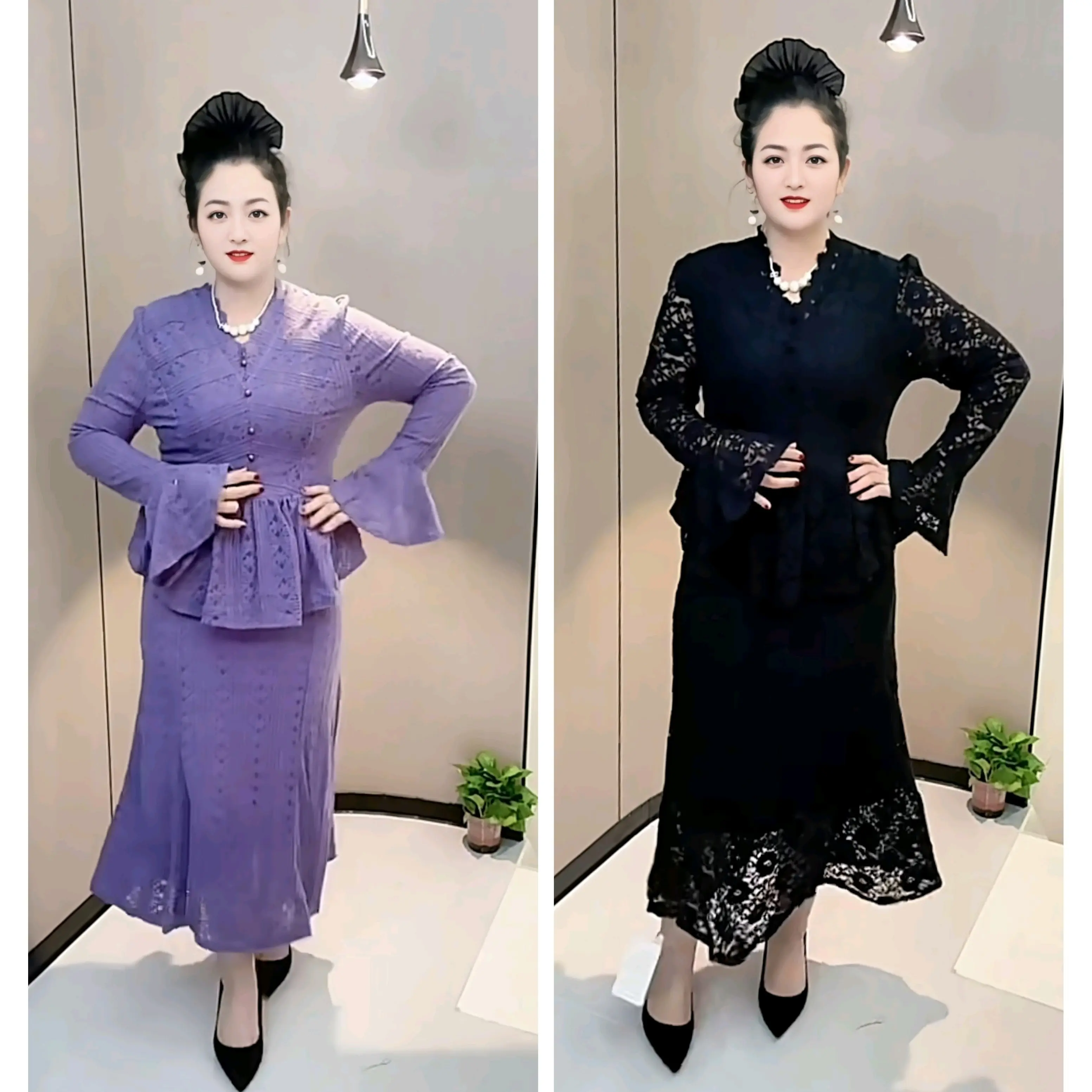 秋冬新款蕾丝气质名媛收腰显瘦上衣半裙套装时尚