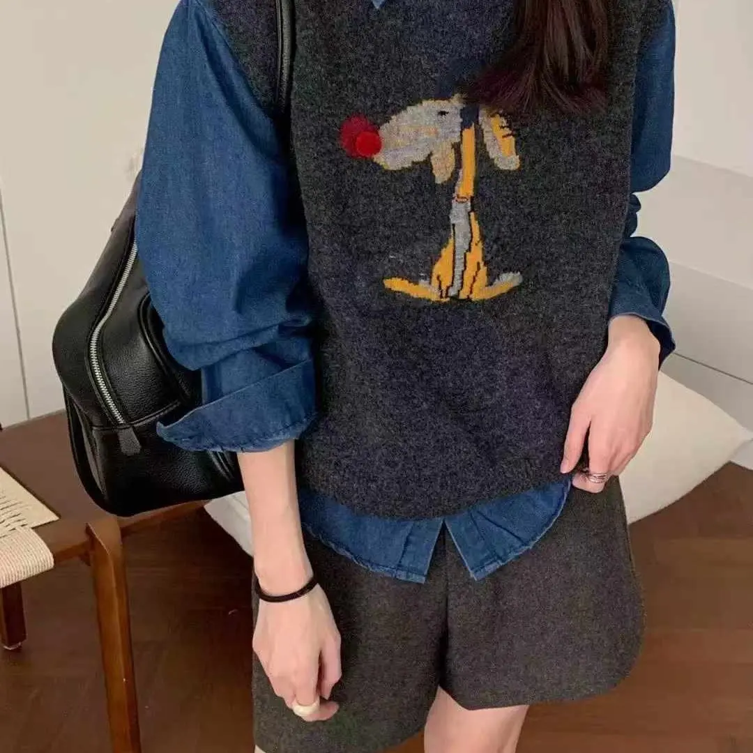 韩系卡通动物提花针织背心女秋冬新款叠穿内搭牛仔衬衣