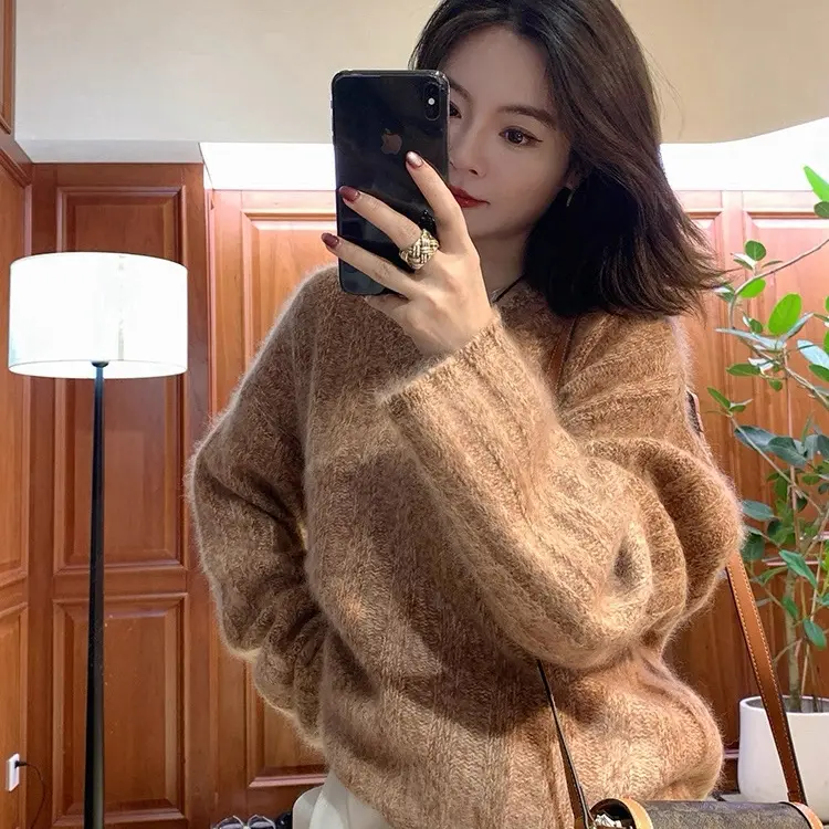 小乖逃花纱女装V领秋冬羊毛针织衫拉毛工艺加厚打底衫毛衣