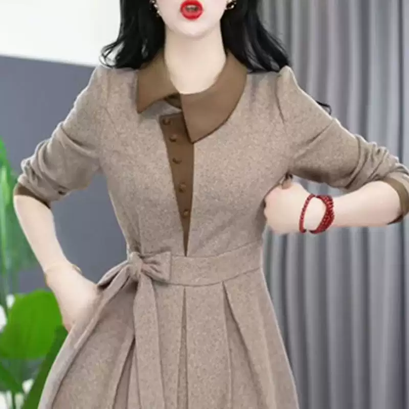 后妈裙时尚气质长袖A字裙子女2025秋季新款收腰显瘦系带中长款连