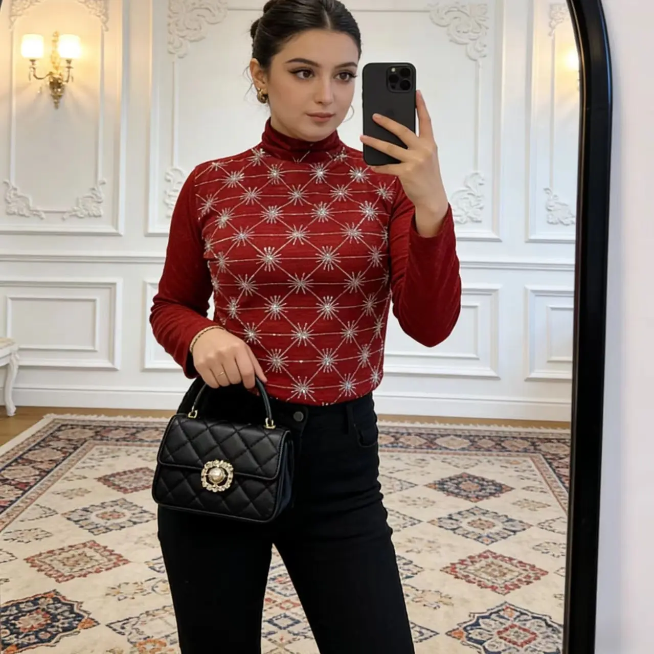 长袖半高领休闲烫钻女士百搭打底衫