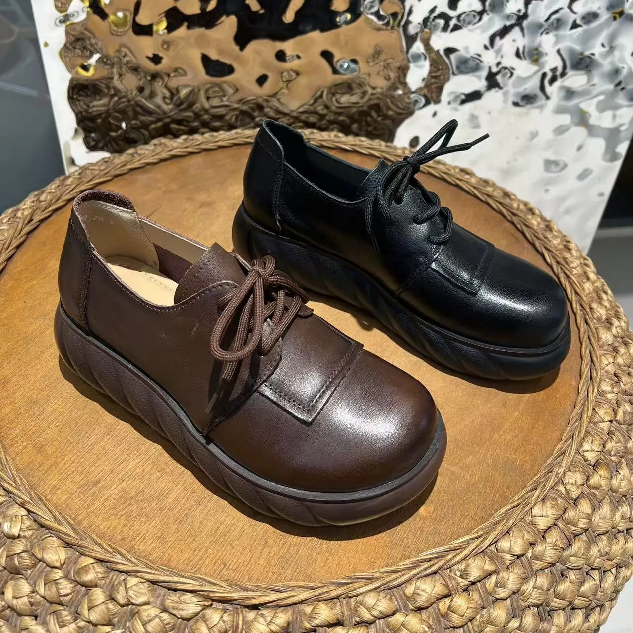 头层牛皮厚底复古百搭手工单鞋